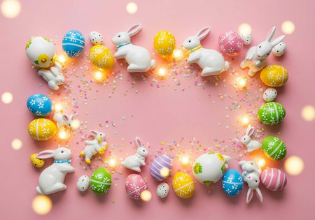 A festive Easter-themed arrangement of colorful eggs and adorable bunnies on a pink background with...