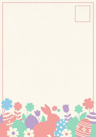 A colorful Easter card design with a bunny and eggs in a garden of flowers