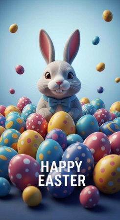 A cute Easter bunny surrounded by colorful eggs in a festive holiday scene with a blue background