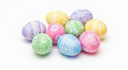 A collection of colorful Easter eggs with intricate designs on a white background for springtime...