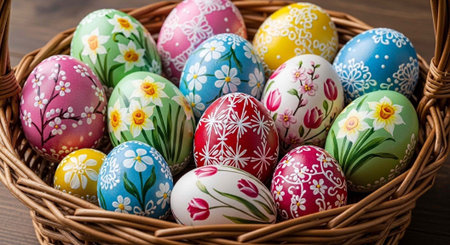 A basket of colorful Easter eggs with floral designs on a wooden table