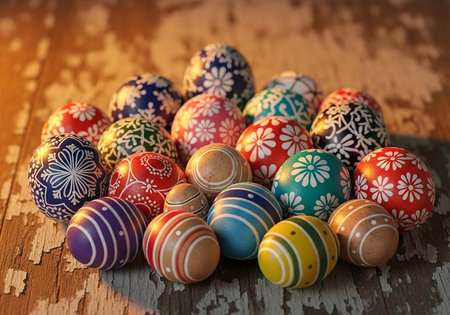 A collection of colorful Easter eggs with intricate designs on a wooden surface