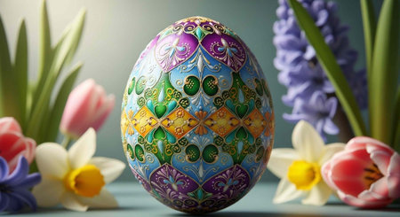 A beautifully decorated Easter egg surrounded by vibrant spring flowers in a colorful arrangementの写真素材