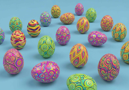A collection of colorful Easter eggs with intricate designs on a light blue background for holiday decorationの写真素材
