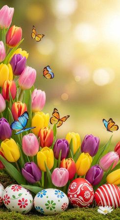 A vibrant Easter scene with colorful tulips, decorated eggs, and butterflies in a natural outdoor...