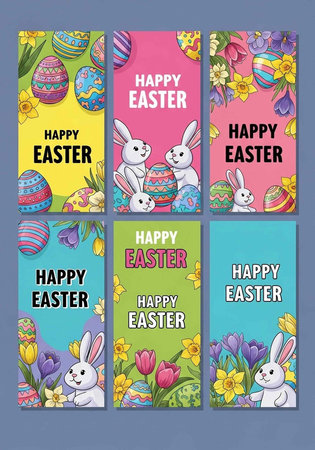 A colorful Easter card with bunnies and eggs on a blue background for holiday celebrations and gift...