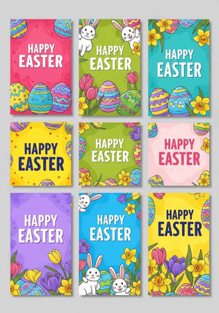 A colorful Easter card with bunny and eggs on a white background