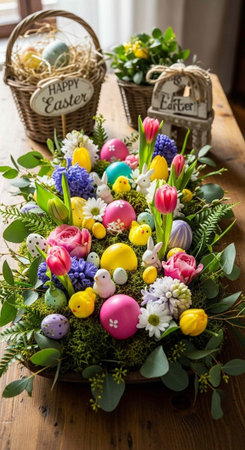 A vibrant Easter floral arrangement with colorful eggs and flowers on a wooden table with baskets