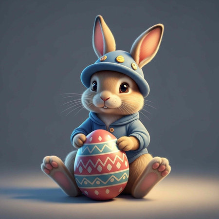 A cute cartoon bunny wearing a blue hat and holding a colorful Easter egg on a plain background