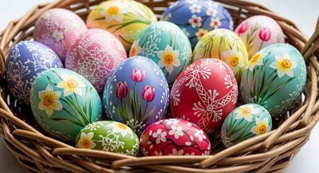 A basket of colorful Easter eggs with floral designs on a white backgroundの写真素材