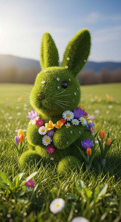 A green Easter bunny made of grass and flowers sitting in a field of colorful blooms on a sunny day