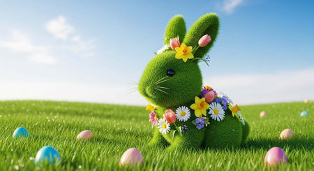 A green Easter bunny decorated with colorful flowers sits in a grassy field with Easter eggs on a sunny dayの写真素材