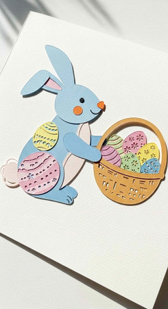 A colorful Easter bunny holding a basket of eggs on a white background for spring holiday...