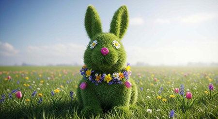 A cute green bunny sitting in a colorful flower field on a sunny day with blue sky
