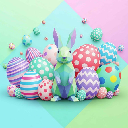 A colorful Easter bunny surrounded by vibrant decorated eggs on a pastel background