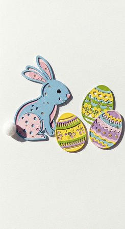 A colorful Easter bunny and decorated eggs on a plain background for spring holiday celebrations