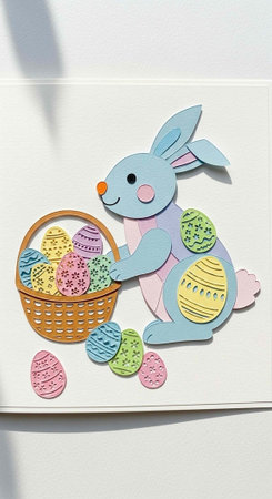A colorful Easter bunny holding a basket of decorated eggs on a white background