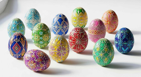 A collection of colorful Easter eggs with intricate designs on a white background for springtime...