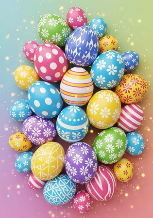 A colorful and vibrant collection of decorated Easter eggs on a pastel background with sparkles