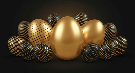 A luxurious arrangement of metallic gold and silver orbs with various patterns on a dark background...