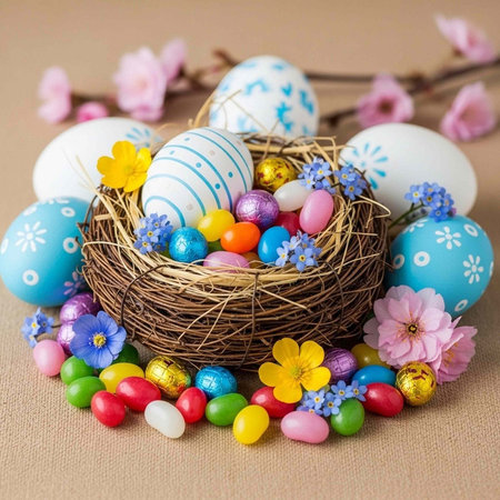A beautifully decorated Easter nest with colorful eggs and flowers on a beige background