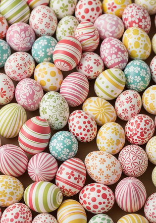 A collection of colorful Easter eggs with various patterns and designs on a brown surface
