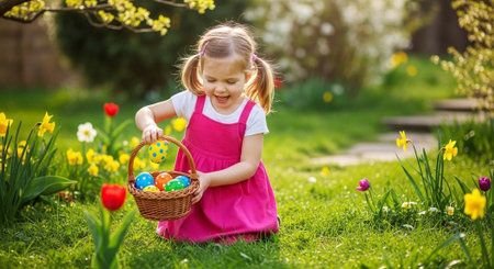A young girl in a pink dress holding a basket of colorful Easter eggs in a vibrant gardenの写真素材