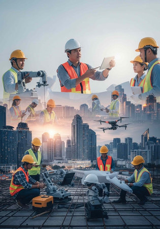 Construction workers in hard hats and vests on a city rooftop with a drone and equipmentの写真素材