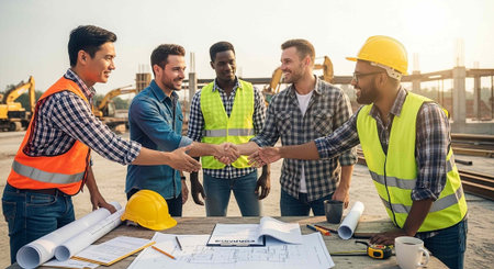 A group of diverse construction workers shaking hands in a construction site with building plans and...