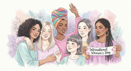 A diverse group of women celebrating International Women's Day with unity and solidarityの写真素材
