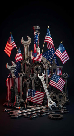 A collection of tools and American flags on a dark background, symbolizing patriotism and industryの写真素材