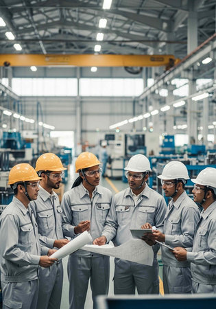 A group of industrial workers in hard hats and safety gear discussing plans in a large factoryの写真素材