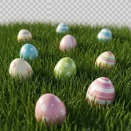 Decorated Easter eggs in various colors and patterns lie in lush green grass.