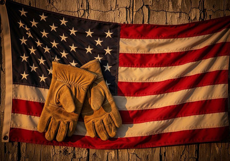 American Flag and Gloves on Old Cracked Wood Background, Labor Day Concept