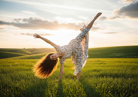 Woman in white floral dress doing handstand in lush green field at sunset with cloudy sky