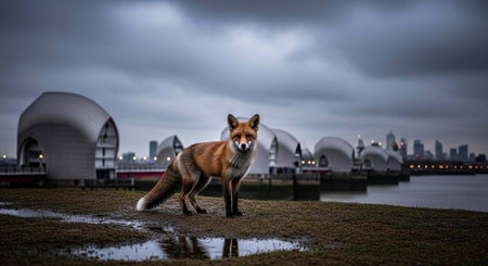 Fox with orange and white fur stands on grassy shore with puddle, modern buildings and city skyline...