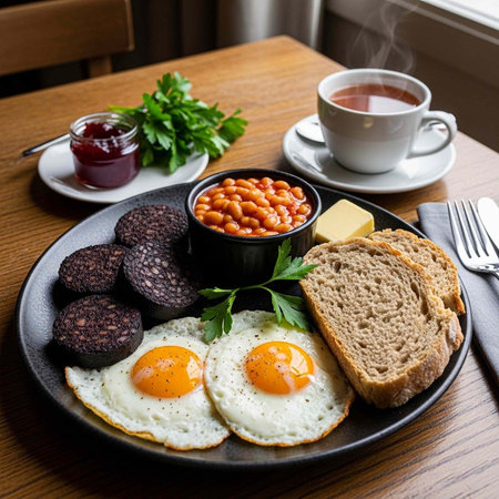 Hearty breakfast plate with eggs, black pudding, baked beans, toast, and butter on a wooden table