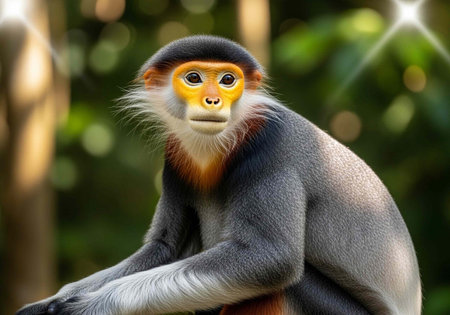 Close-up of a monkey with distinctive orange face, gray fur, and white beard in a natural setting