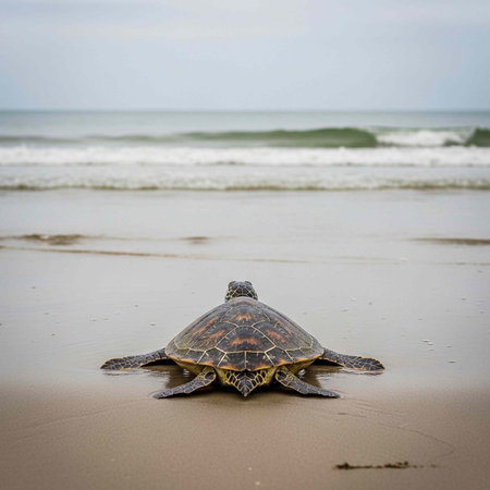 A sea turtle moves slowly on wet sand towards the ocean with waves in the background.