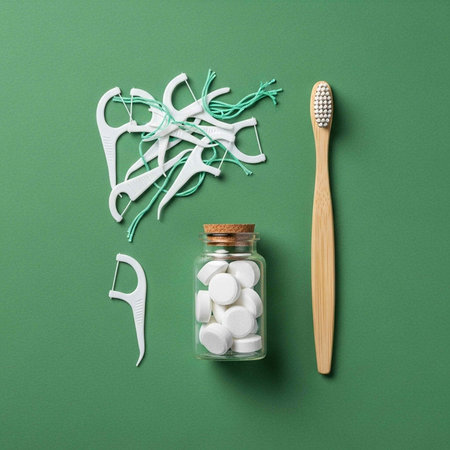 Dental care items on green surface, including bamboo toothbrush, white toothpaste tablets, and floss...