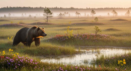 Brown bear walks through grassy meadow with wildflowers, trees, and misty forest in background at...