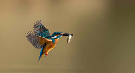 Kingfisher flying with fish in beak, vibrant blue and orange feathers visible in mid-airの写真素材