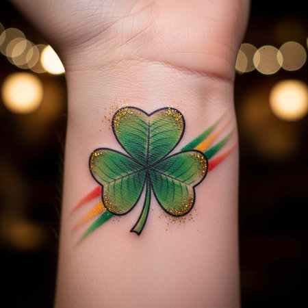 Colorful tattoo of four-leaf clover with gold sparkle on person's wrist, surrounded by Irish flag...