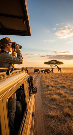 Person in open vehicle observing elephants and giraffe in savanna at sunset with binoculars
