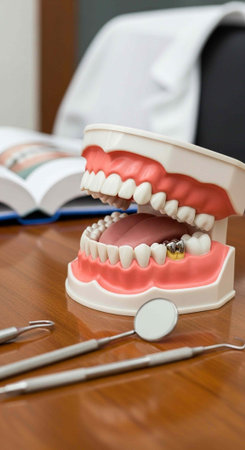 Dental model with open mouth, teeth, and tools on a wooden table in a dentist's office