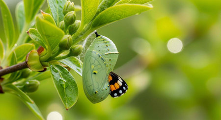 Green chrysalis attached to branch with emerging butterfly, surrounded by leaves and buds