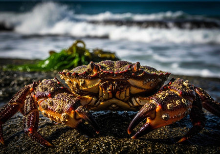 Large crab with brown shell and red legs on rocky beach, ocean waves crashing in background.
