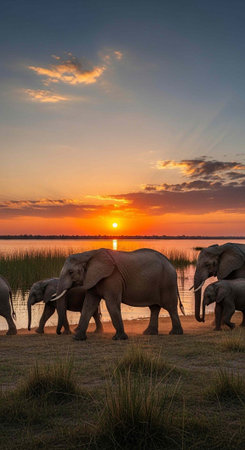 Elephants walk along lake shore at sunset with vibrant orange sky and silhouetted trees in...