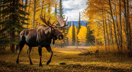 A large moose with impressive antlers walks through a colorful autumn scene with yellow trees and...