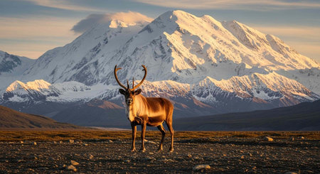 A reindeer with large antlers stands on rocky terrain with a snow-capped mountain range in the backgroundの写真素材